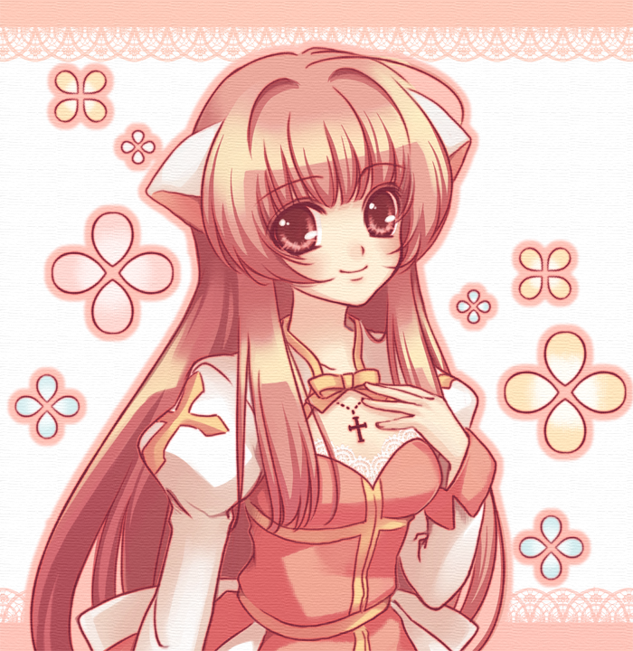 animal_ears, archbishop, bust, cross, hand_on_own_chest, koyuki_(rico), long_hair, looking_at_viewer