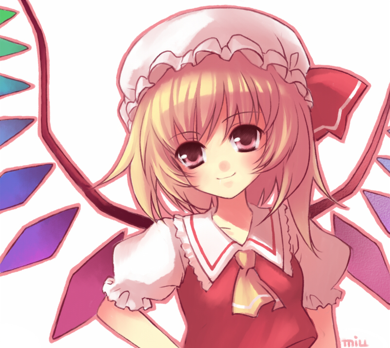 blonde_hair, bust, flandre_scarlet, hat, koyuki_(rico), pink_eyes, short_hair, smile
