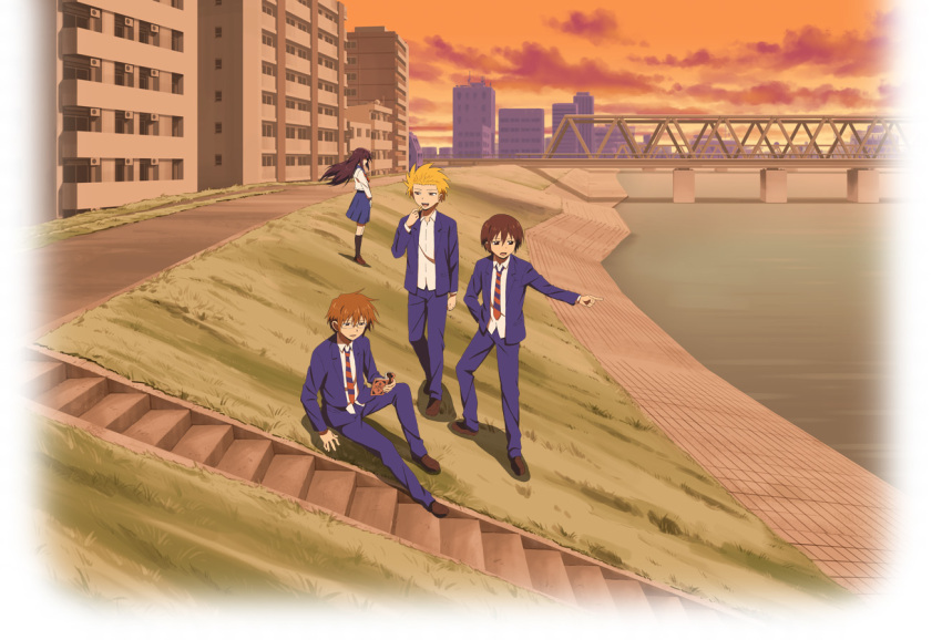 3boys, black_hair, blonde_hair, book, brown_hair, bungaku_shoujo_(danshi_koukousei), bungaku_shoujo_(yassan), danshi_koukousei_no_nichijou, glasses, long_hair, multiple_boys, necktie, official_art, school_uniform, serafuku, short_hair, striped, striped_necktie, striped_tie, tabata_hidenori, tadakuni, tahata_hidenori, tanaka_yoshitake
