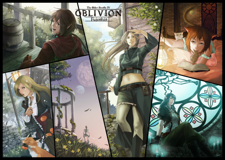 animal, bag, barrel, bed, belt, blonde_hair, book, boots, braid, brown_eyes, brown_hair, candle, cat, cat_ears, catgirl, column, corset, cut-in, eating, elf, fangs, food, fox, frills, fruit, fuji_q, fujiki_yuu, gloves, grey_hair, grey_eyes, highres, jewelry, lamppost, lantern, long_hair, looking_back, lying, mandarin_orange, midriff, moon, multiple_girls, multiple_moons, navel, necklace, orange, pantyhose, pillar, pillow, pointy_ears, pouch, reading, ring, short_hair, short_sleeves, shoulder_bag, sign, sitting, skeleton, skirt, sky, smile, stained_glass, sword, tail, taiyaki, the_elder_scrolls, the_elder_scrolls_iv:_oblivion, tree, wagashi, weapon, white_legwear