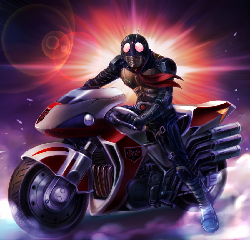 1boy, cyclone_(kamen_rider), glowing, glowing_eyes, kamen_rider, kamen_rider_1, kamen_rider_the_first, lens_flare