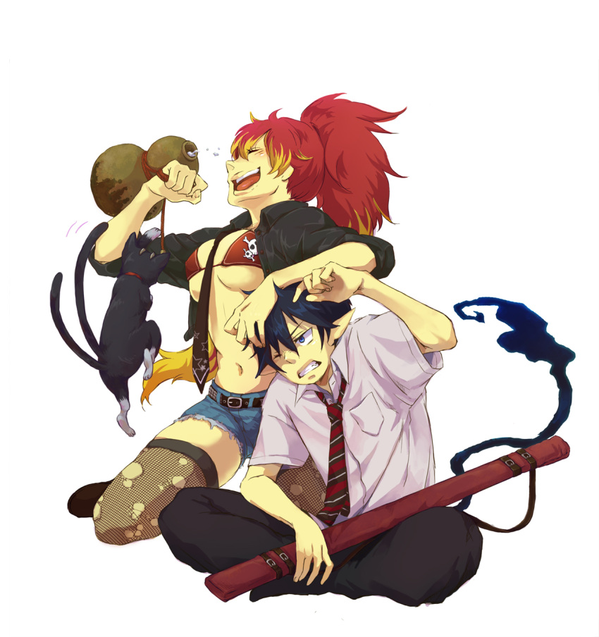 belt, bikini_top, blonde_hair, blue_eyes, clenched_teeth, cutoffs, hand_on_head, highres, kirigakure_shura, long_hair, multicolored_hair, necktie, okumura_rin, red_hair, redhead, school_uniform, short_shorts, shorts, sleeves_rolled_up, striped, striped_necktie, studded_belt, tail, thigh-highs, thighhighs, torn_thighhighs, turatura, wink