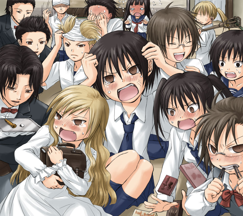 6+girls, ahoge, anger_vein, annotated, annotation_request, asano_(danshi_koukousei), asano_(ojou-sama_no_nichijou), baseball_cap, black_hair, blonde_hair, blush, brown_eyes, brown_hair, bungaku_shoujo_(danshi_koukousei), bungaku_shoujo_(yassan), character_request, chocolate, crossdressinging, danshi_koukousei_no_nichijou, eating, fang, fangs, footwear, glasses, habara_(danshi_koukousei), habara_(joshikousei_wa_ijou), hands_on_head, hat, hidenori, ikushima_(danshi_koukousei), ikushima_(joshikousei_wa_ijou), karasawa_toshiyuki, lacrosse_stick, long_hair, motoharu_(danshi_koukousei), motoharu_(danshi_koukousei_no_nichijou), multiple_boys, multiple_girls, nagase_(danshi_koukousei), nagase_(ojou-sama_no_nichijou), necktie, o_o, object_on_head, open_mouth, panties, panties_on_head, pocky, red_faced, school_uniform, short_hair, skirt, socks, sweatdrop, tabata_hidenori, tadakuni, tadakuni's_little_sister, tadakuni's_little_sister, tears, teeth, totomachi, toyokawa_(danshi_koukousei), toyokawa_(ojou-sama_no_nichijou), twintails, underwear, yanagin_(danshi_koukousei), yanagin_(joshikousei_wa_ijou), yukana_(danshi_koukousei), yukana_(ojou-sama_no_nichijou)