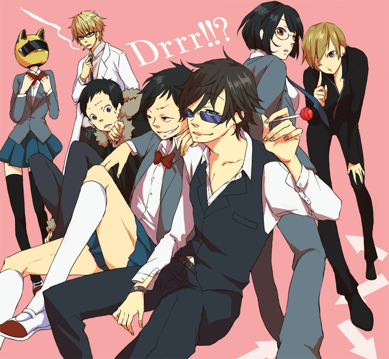black_hair, blonde_hair, bodysuit, candy, celty_sturluson, cosplay, costume_switch, durarara!!