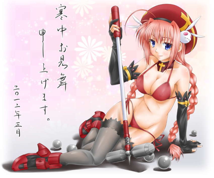 2012, adult, bikini, blue_eyes, braid, breasts, fingerless_gloves, gloves