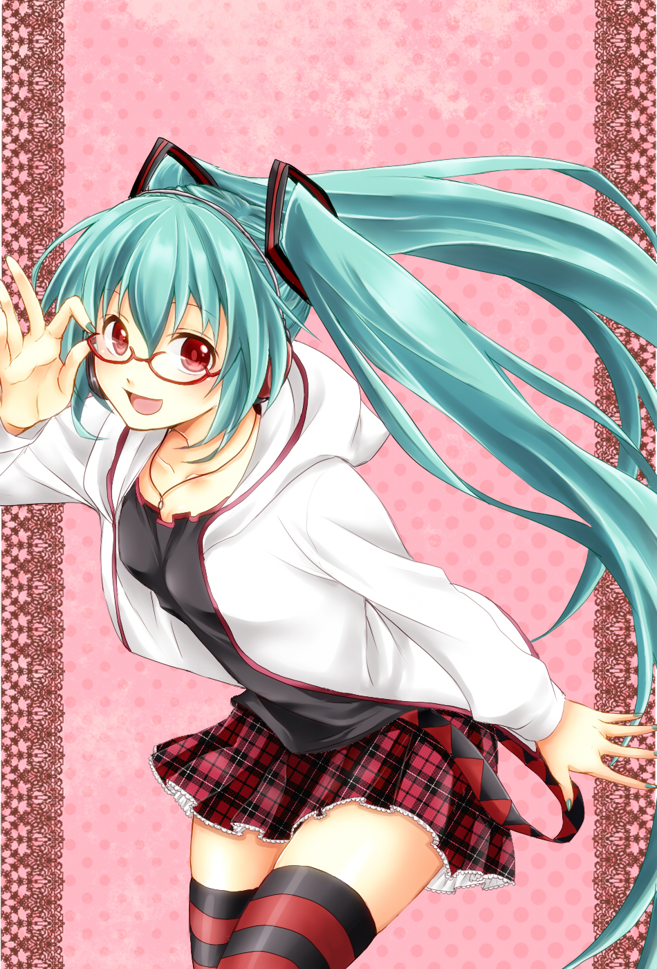 adjusting_glasses, aqua_hair, glasses, hatsune_miku, headphones, highres, hoodie, kanade_(reveryearth)