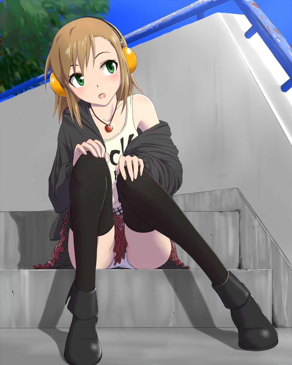 araragi_yuuichi, black_legwear, brown_hair, cardigan, clothes_writing, clothing_writing, green_eyes, headphones