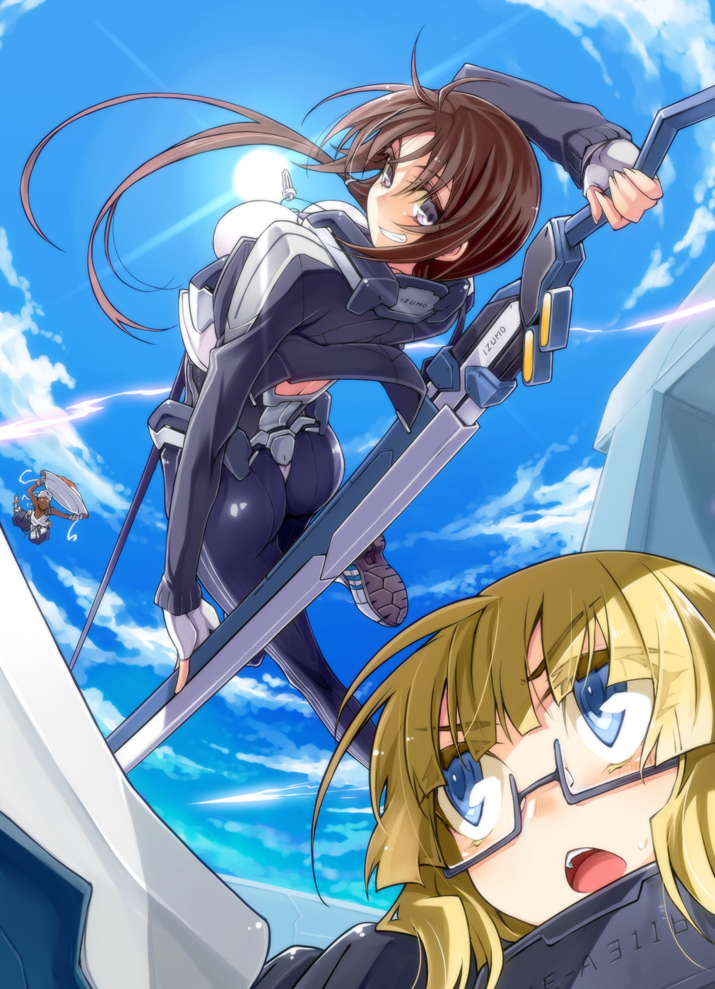 2girls, adele_balfetto, blonde_hair, blue_eyes, bodysuit, brown_hair, curry_rice, fingerless_gloves, glasses, gloves, grin, hassan_fullbrush, highres, jewelry, kyoukai_senjou_no_horizon, long_hair, multiple_girls, necklace, open_mouth, oriotorai_makiko, pantyhose, purple_eyes, semi-rimless_glasses, sky, smile, sword, turban, under-rim_glasses, violet_eyes, weapon, yuu_(amadoki)