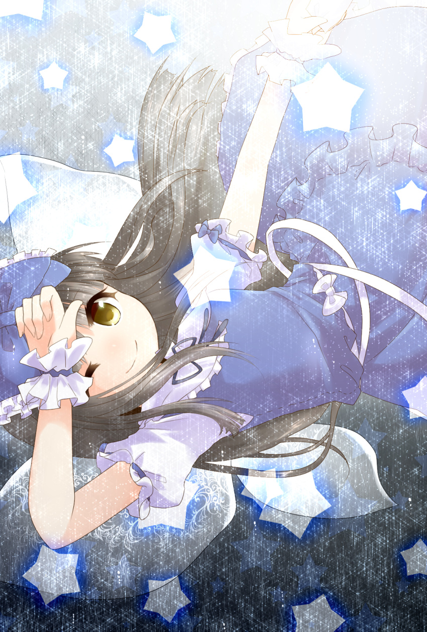 black_hair, blush, bow, dress, hair_bow, highres, koza, long_hair