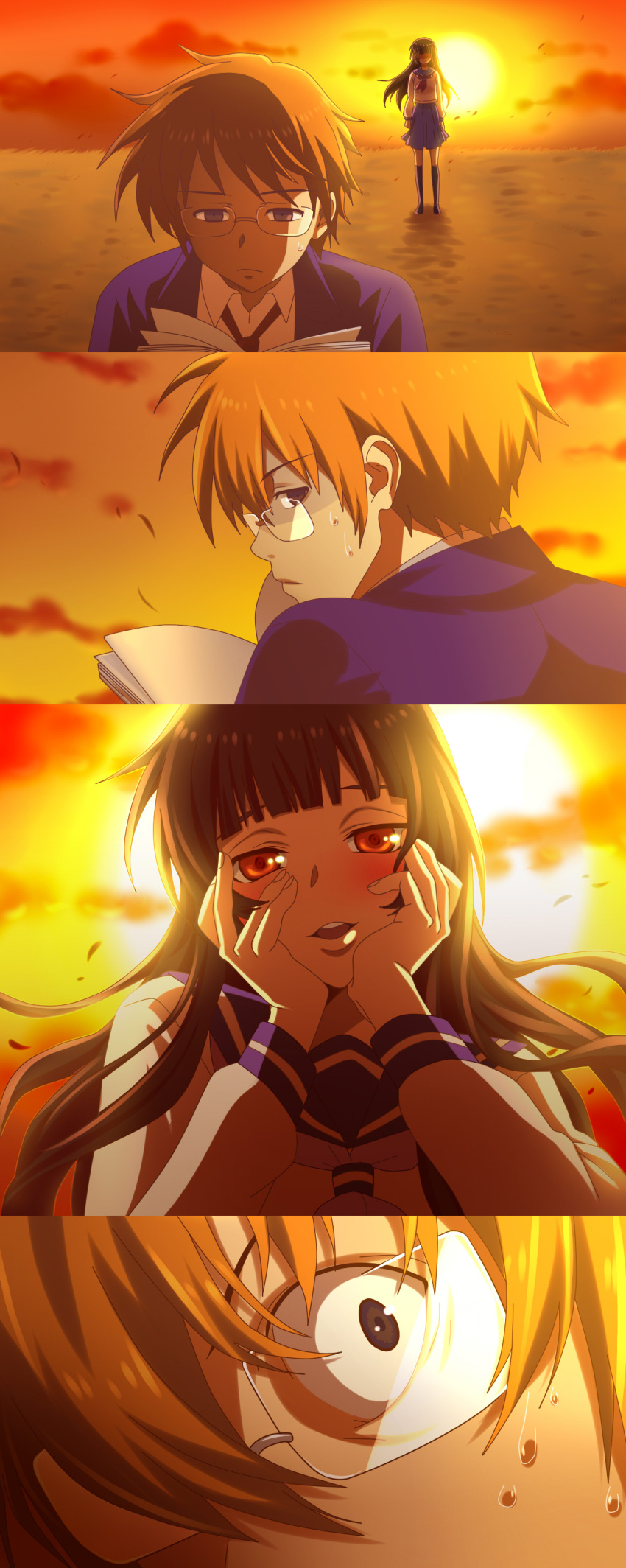1girl, 4koma, absurdres, artist_request, billie, black_hair, book, brown_hair, bungaku_shoujo_(danshi_koukousei), bungaku_shoujo_(yassan), close-up, comic, danshi_koukousei_no_nichijou, glasses, hands_on_own_cheeks, hands_on_own_face, highres, long_hair, looking_back, md5_mismatch, mirai_nikki, necktie, parody, reading, red_eyes, scared, school_uniform, short_hair, sunset, sweat, tabata_hidenori, yandere_trance