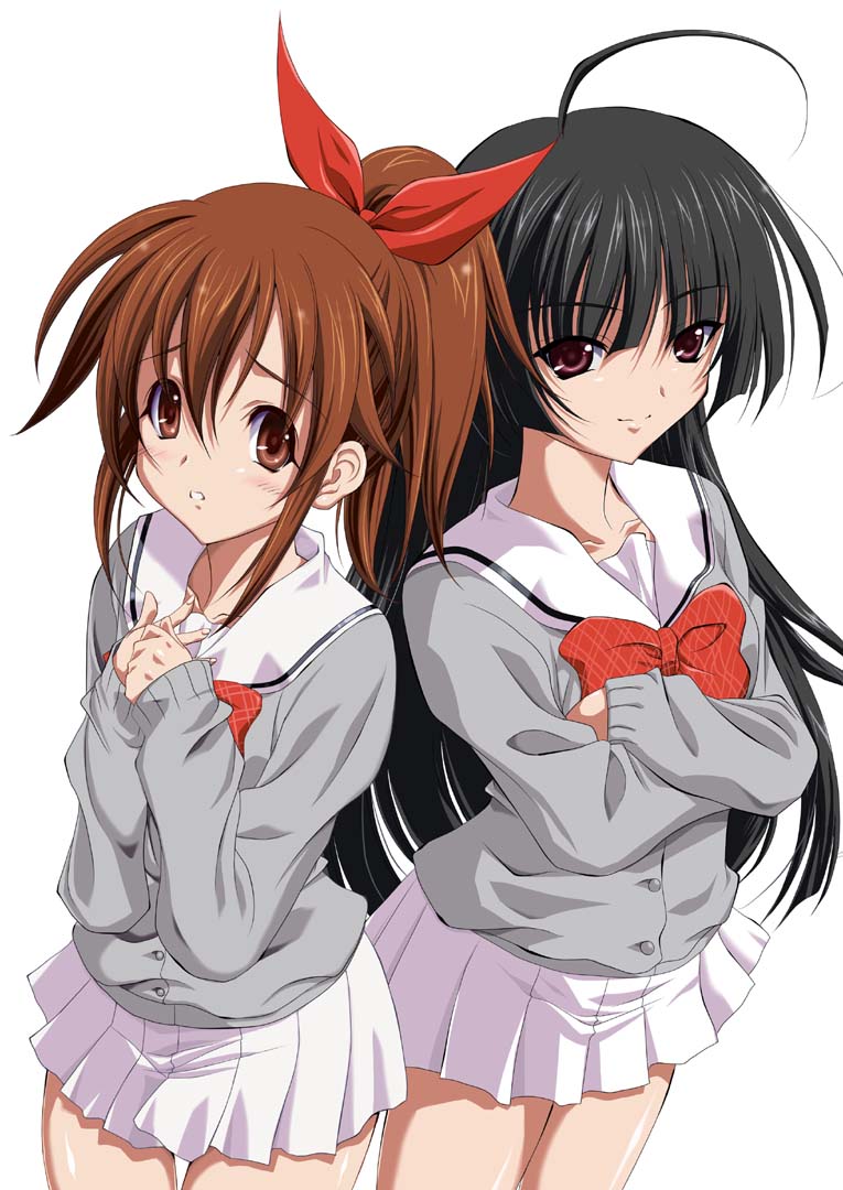 arms_over_chest, artist_request, asaka_hinata, black_hair, brown_hair, cardigan, character_request, crossed_arms