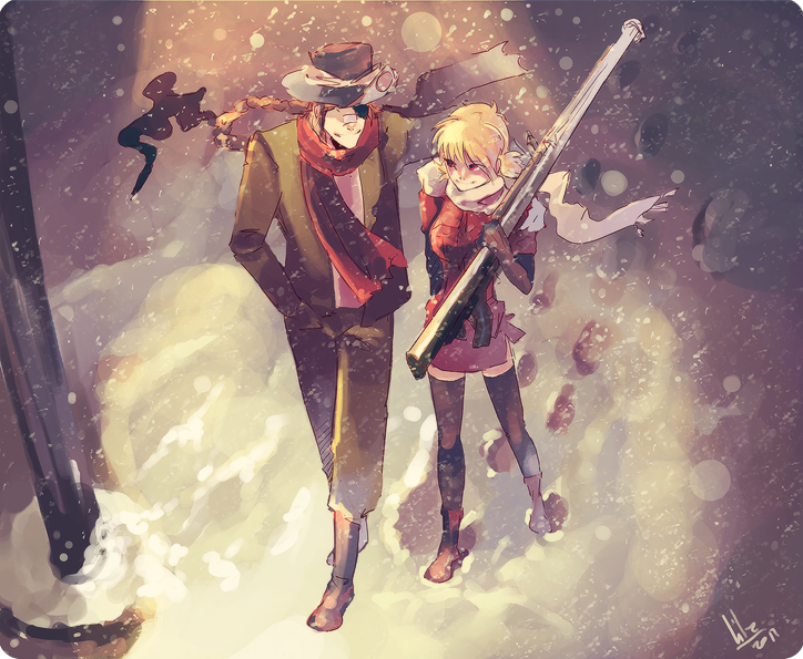 cigarette, closed_eyes, couple, eyes_closed, gun, hat, height_difference, hellsing