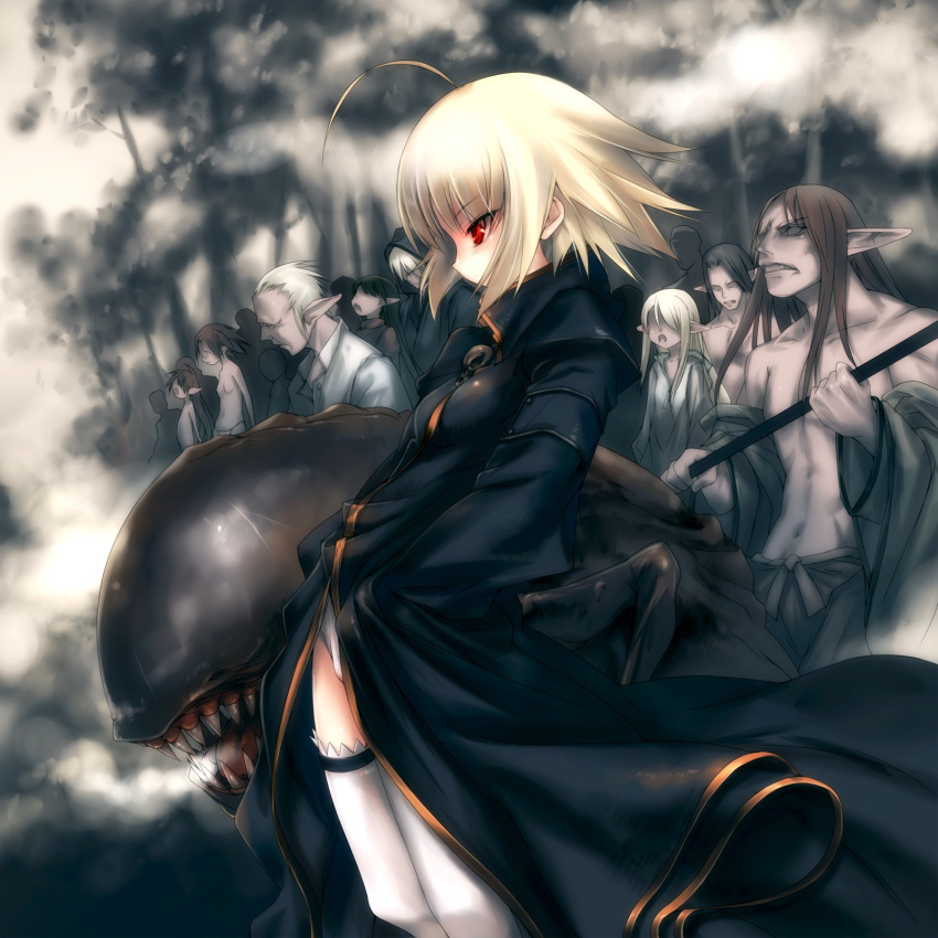 ahoge, blonde_hair, child, elf, flat_chest, hands_in_pockets, highres, hitomaru, holding, jacket, long_hair, monster, navel, nil-eve, no_pants, original, panties, pointy_ears, profile, red_eyes, short_hair, standing, steam, thigh-highs, thighhighs, topless, underwear, white_legwear, white_panties, zombie