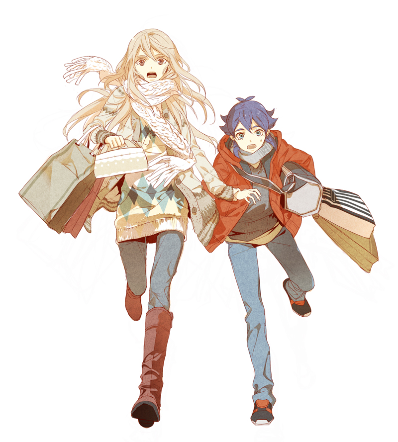 adult, afuro_terumi, androgynous, bag, blonde_hair, blue_eyes, blue_hair, boots