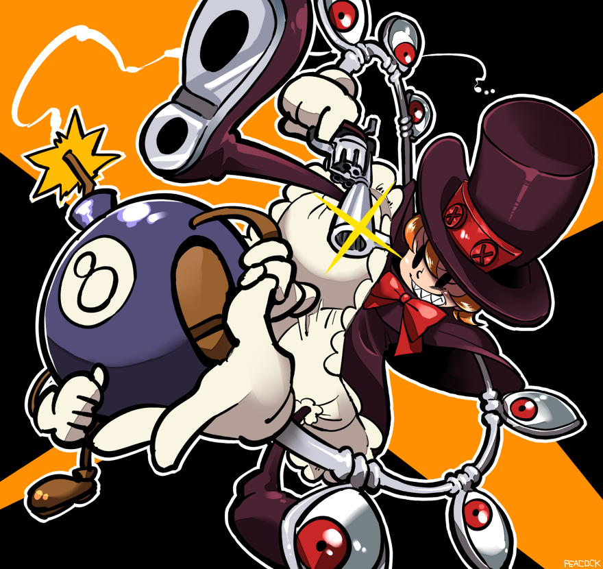 action, black_eyes, bloomers, bomb, boots, character_name, cyborg, dress