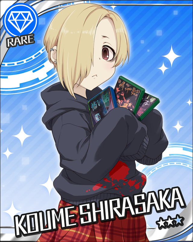 1girl, bags_under_eyes, blonde_hair, character_name, diamond, dvd_case, ear_piercing, hair_over_one_eye, hoodie, idolmaster, idolmaster_cinderella_girls, official_art, pale_skin, piercing, pleated_skirt, shirasaka_koume, short_hair, skirt, solo, star, sweater