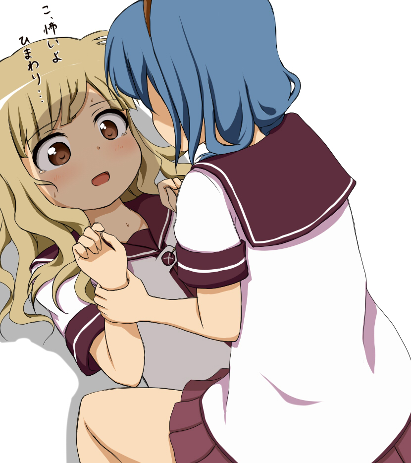 blonde_hair, blue_hair, brown_eyes, furutani_himawari, hairband, lying, multiple_girls, negetsu