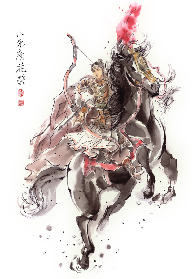 armor, arrow, black_hair, bow_(weapon), cape, chinese_clothes, hair_bun, headband, horse, horseback_riding, hua_rong, outlaws_of_the_marsh, weapon