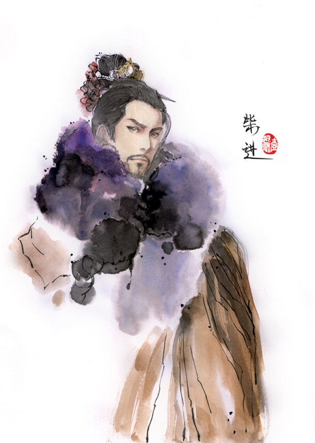 beard, black_hair, chai_jin, chinese_clothes, cloak, facial_hair, flower, fur, headdress, outlaws_of_the_marsh