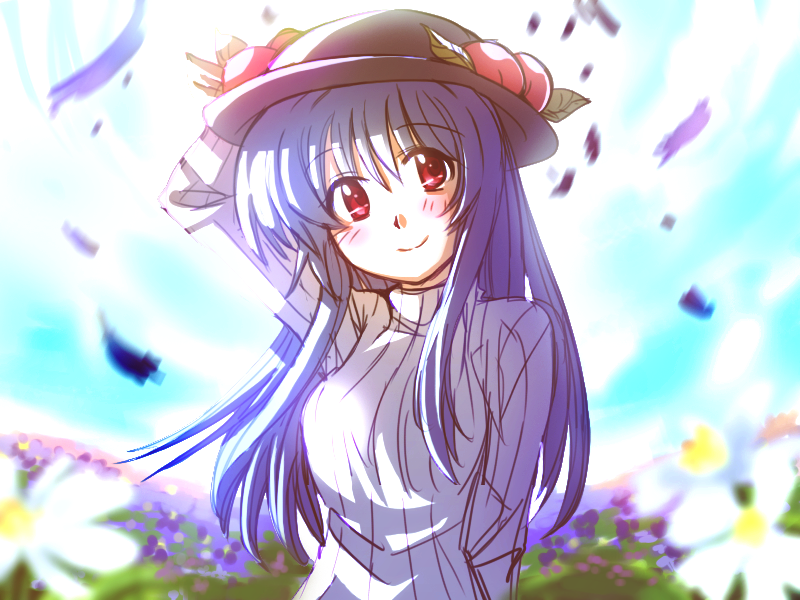 blue_hair, bust, flower, food, fruit, hat, hinanawi_tenshi, leaf