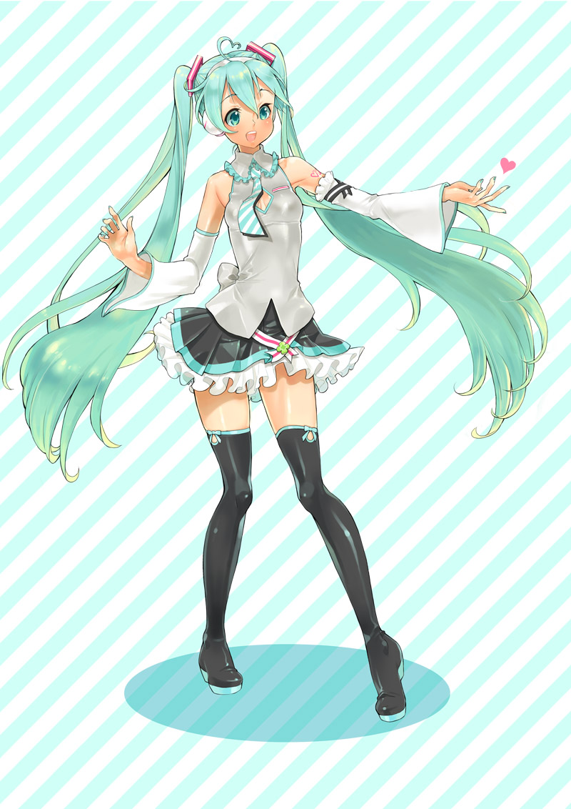 aqua_eyes, aqua_hair, boots, detached_sleeves, hatsune_miku, jun_(spitfire), long_hair, necktie