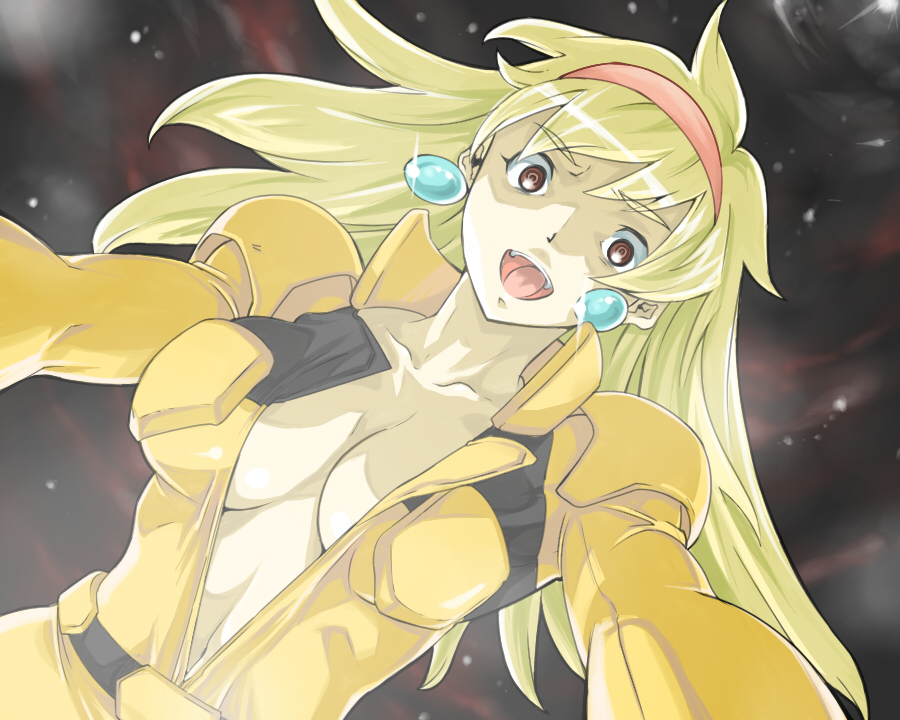 :d, breasts, brown_eyes, cleavage, collarbone, earrings, gundam, hairband