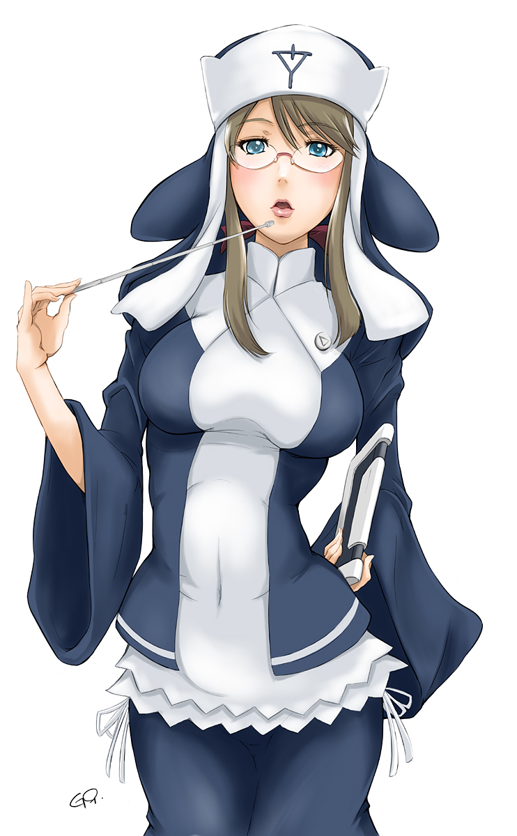 aquarion_evol, blue_eyes, book, brown_hair, get9, glasses, habit, highres, lips, nun, pointer, solo, suomi, suomi_konepi