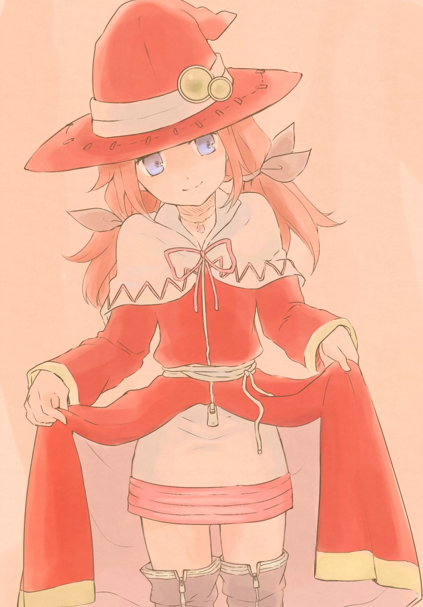 bad_id, blue_eyes, boots, curtsey, hat, head_tilt, jewelry, long_hair