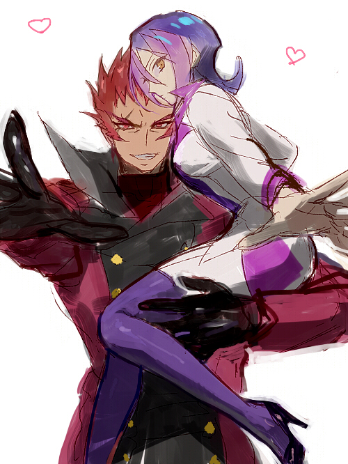 black_hair, droite_(yugioh_zexal), droite_(yuu-gi-ou_zexal), gauche_(yugioh_zexal), gauche_(yuu-gi-ou_zexal), gloves, heart, multicolored_hair, popompon, purple_hair, purple_legwear, red_eyes, red_hair, redhead, scar, skirt, two-tone_hair, yu-gi-oh!, yuu-gi-ou, yuu-gi-ou_zexal