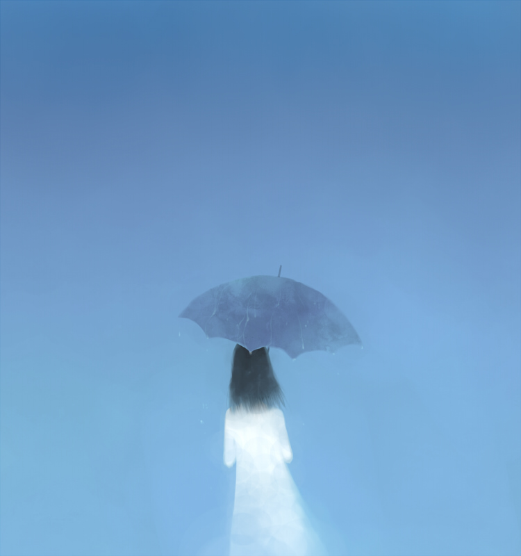 air-bird, black_hair, blue, copyright_request, simple_background, sky, solo, umbrella
