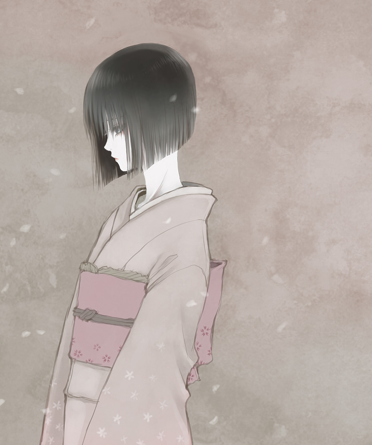 air-bird, copyright_request, japanese_clothes, kimono, obi, petals, short_hair, solo