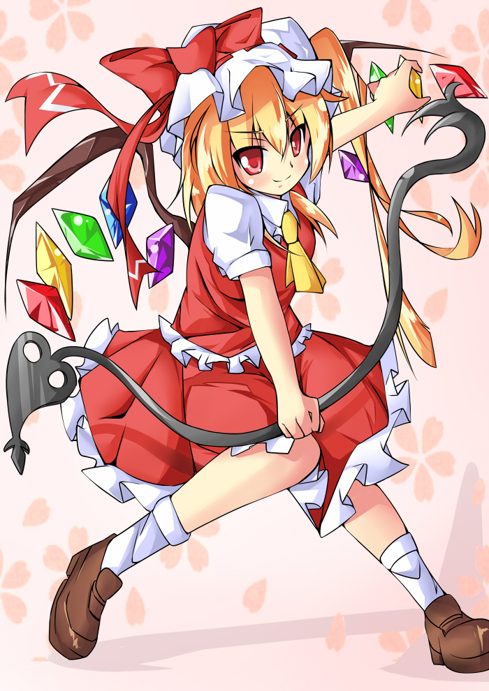 ascot, blonde_hair, blush, flandre_scarlet, hat, laevatein, red_eyes, short_hair