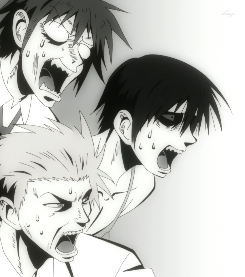 3boys, danshi_koukousei_no_nichijou, glasses, monochrome, multiple_boys, screencap