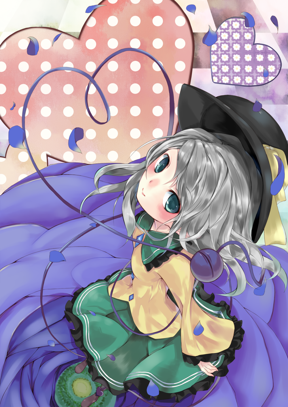 flower, from_above, green_eyes, hat, heart, heart_of_string, highres, komeiji_koishi