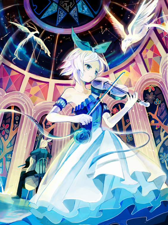 1girl, aqua_eyes, bibinko, bird, blonde_hair, dome, double_bass, dress