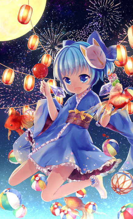 :d, ankle_cuffs, ball, barefoot, blue_eyes, blue_hair, bow, candy_apple