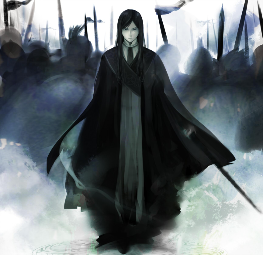 army, bad_id, bangs, black_eyes, black_hair, fate/zero, fate_(series), flag, ionioi_hetairoi, lluv, long_hair, male, robe, solo, swept_bangs, sword, waver_velvet, weapon