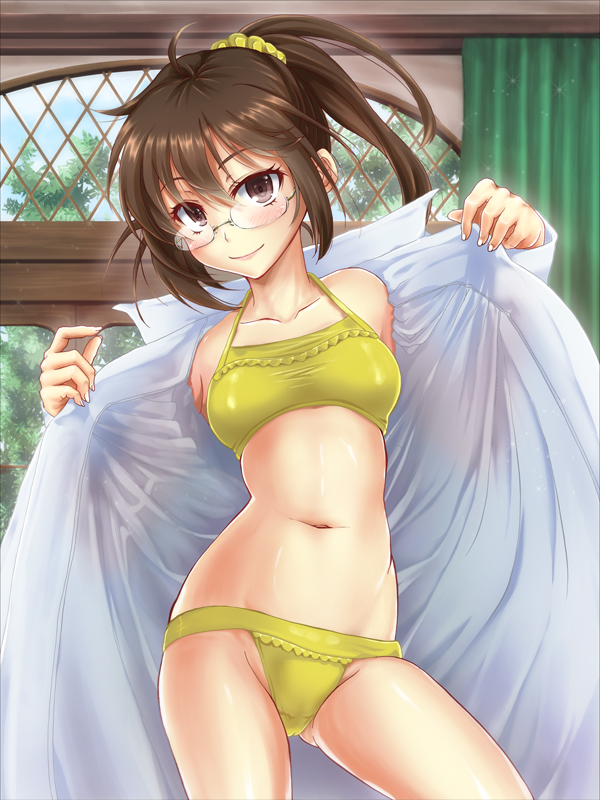anti_(untea9), bikini, blush, boku_wa_tomodachi_ga_sukunai, brown_eyes, brown_hair, glasses, labcoat