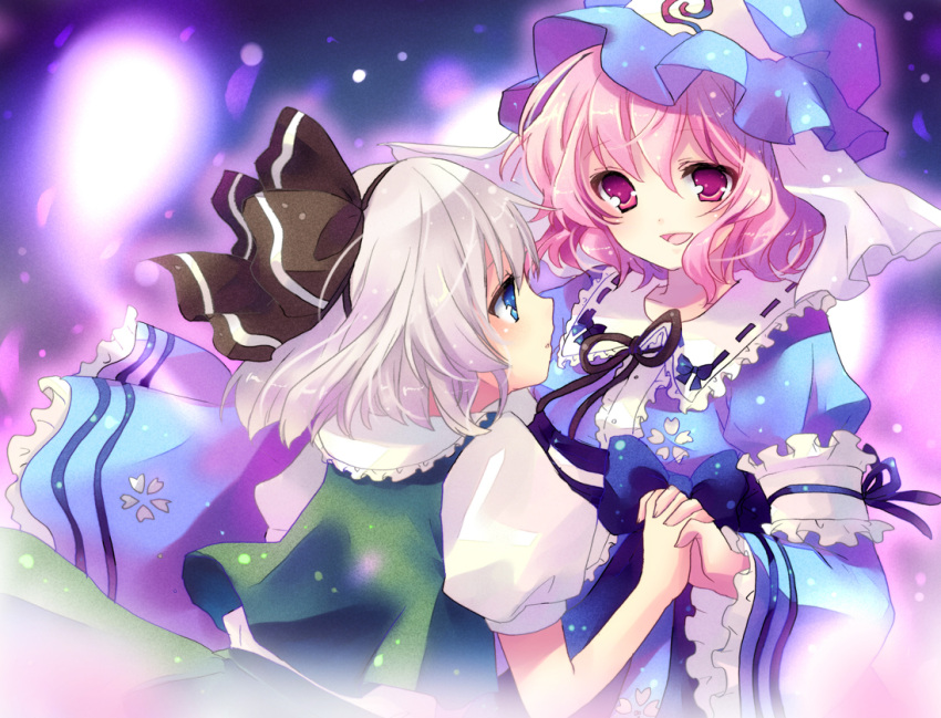 blue_eyes, blush, dress, hair_ribbon, hairband, hand_holding, hat, holding_hands