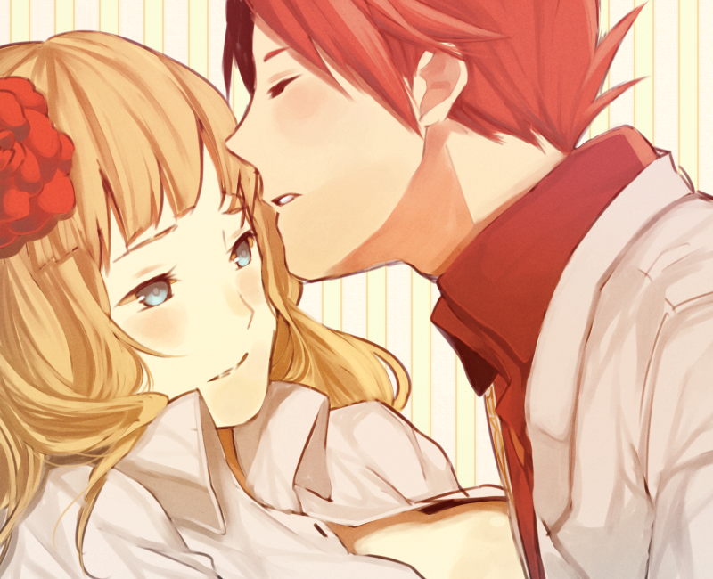 beatrice, blonde_hair, blue_eyes, blush, breasts, closed_eyes, couple, eyes_closed