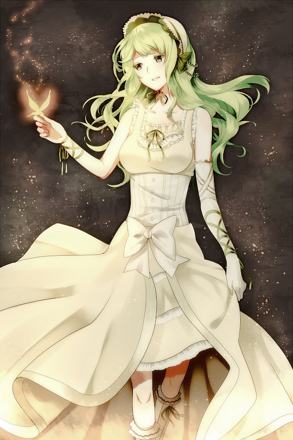 bonnet, butterfly, claire_bernardus, dress, elbow_gloves, frills, gloves, green_eyes