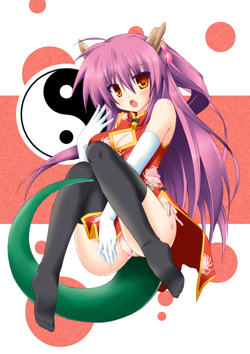 brown_eyes, china_dress, chinese_clothes, dragon_tail, elbow_gloves, futaki_kanata, gloves, hair_bobbles, hair_ornament, highres, horns, kagura_nanaki, little_busters!!, long_hair, new_year, panties, pantyshot, purple_hair, solo, tail, thigh-highs, thighhighs, underwear, yin_yang