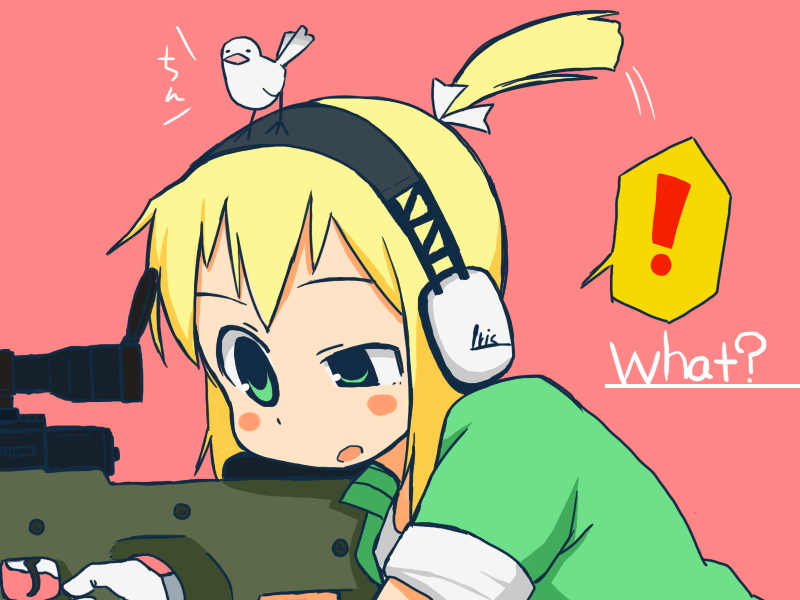 ai_arctic_warfare, animal, animal_on_head, bird, bird_on_head, blonde_hair, bolt_action, ear_protection