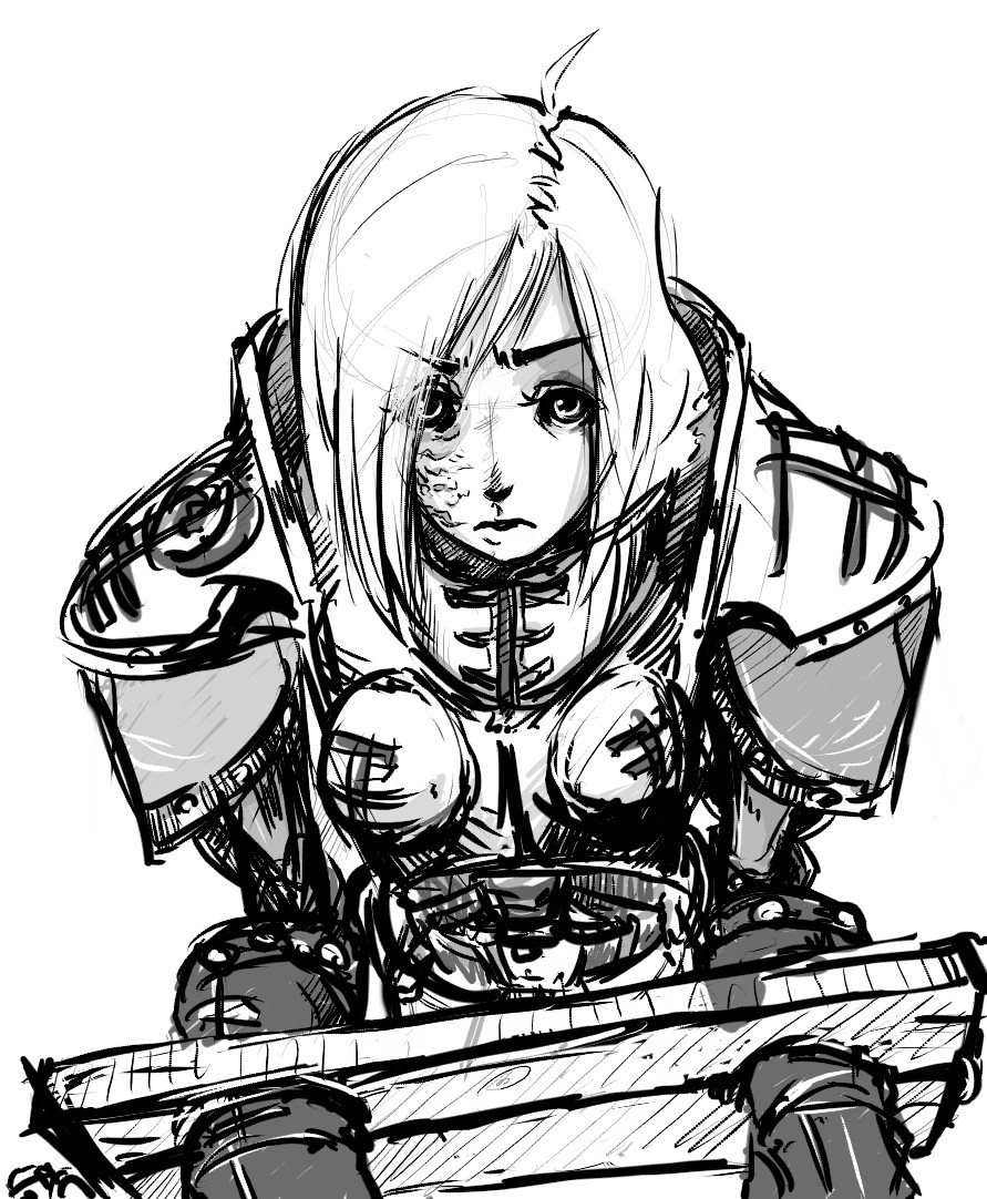 adepta_sororitas, ahoge, armor, crossover, ikezawa_hanako, katawa_shoujo, konflikti, monochrome, pauldron, pauldrons, power_armor, scar, sisters_of_battle, sketch, stocks, warhammer_40k