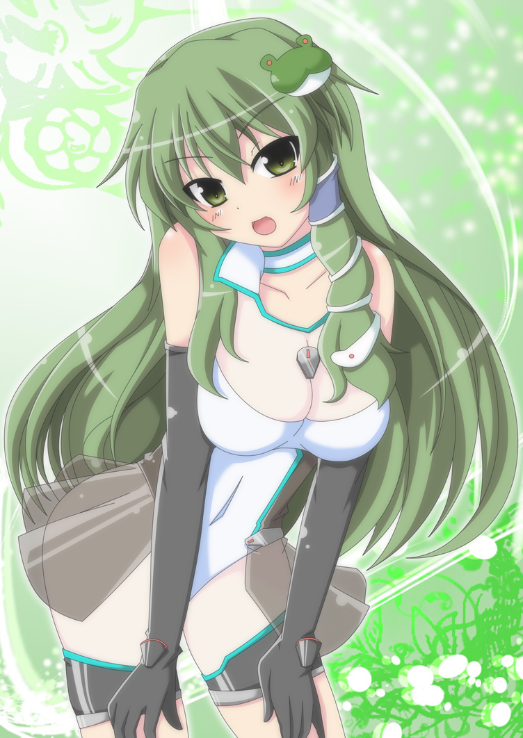 alternate_costume, black_gloves, blush, bodysuit, breasts, cleavage, elbow_gloves, frog, gloves, green_eyes, hair_ornament, hair_tubes, kochiya_sanae, leaning_forward, legband, long_hair, masiromu, open_mouth, skirt, snake, solo, thigh_strap, touhou