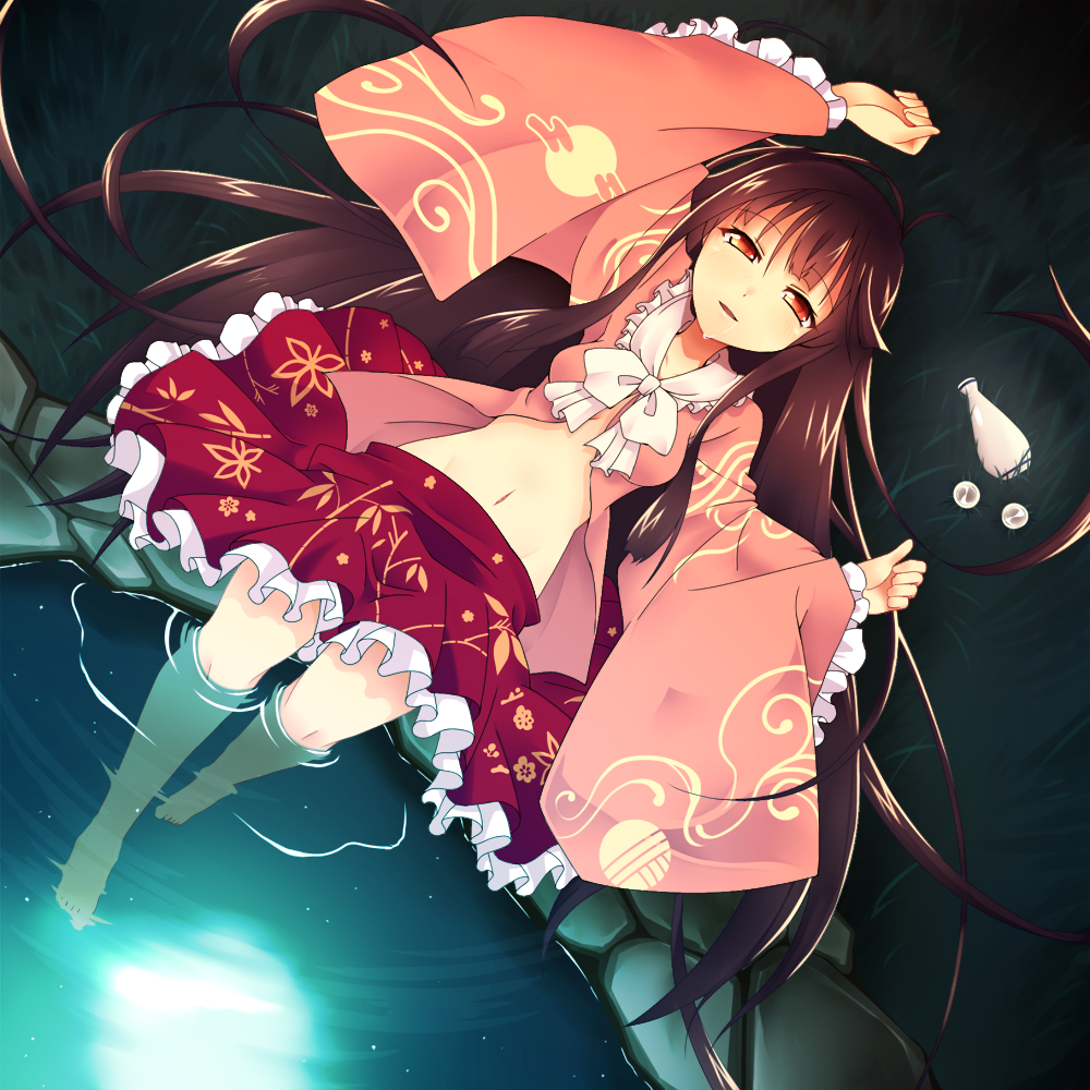 arms_up, barefoot, black_hair, brown_hair, feet_in_water, frilled_skirt, frilled_sleeves, from_above