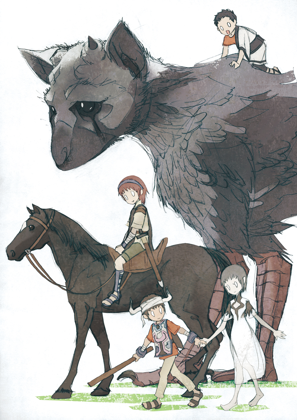 2girls, agro, animal, black_hair, blank_eyes, brown_hair, dress, griffin