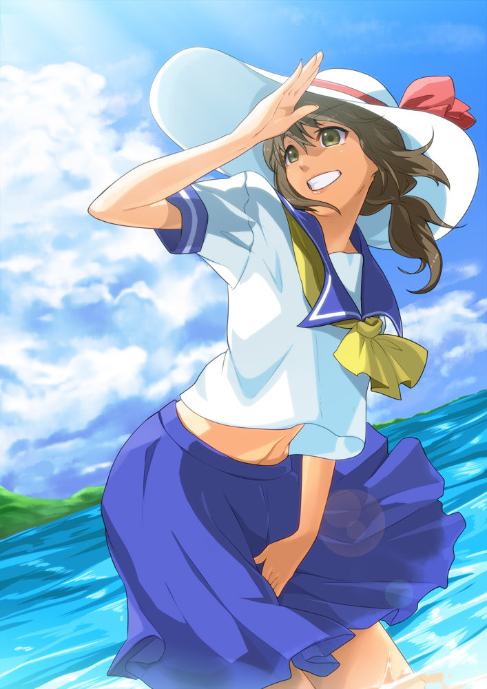 arm_up, ascot, brown_hair, cloudy_sky, dutch_angle, feet_in_water, green_eyes, grin