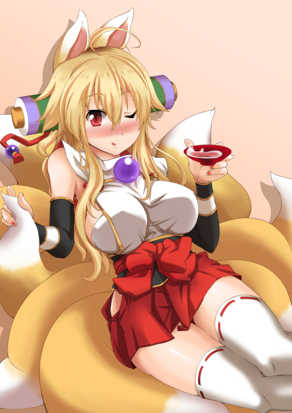 :q, ahoge, animal_ears, blonde_hair, blush, breasts, drunk, fox_ears, fox_tail, hakama_skirt, highres, izuna_(shinrabanshou), large_breasts, long_hair, multiple_tails, red_eyes, sakazuki, sake, scroll, shinjitsu207, shinjitsu_(true_ride), shinrabanshou, solo, tail, thigh-highs, thighhighs, tongue, white_legwear, wink