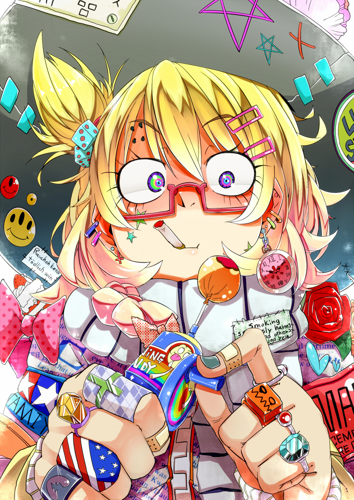 alternate_costume, alternate_hairstyle, american_flag, argyle, armband, backlighting, badge, bandaid